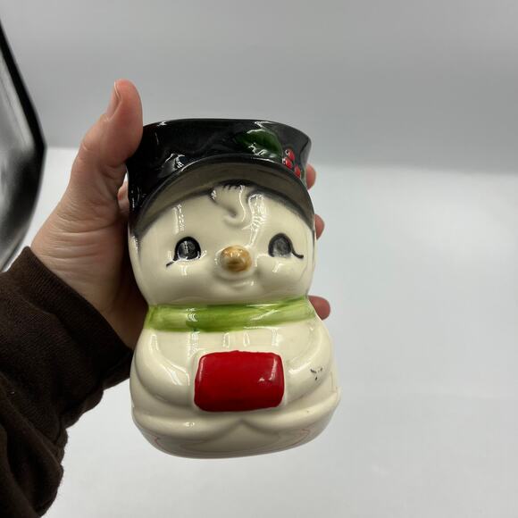 Vintage Hand Painted Ceramic Snowman Container Vase Jar Kitsch Cute Winter - Picture 8 of 10